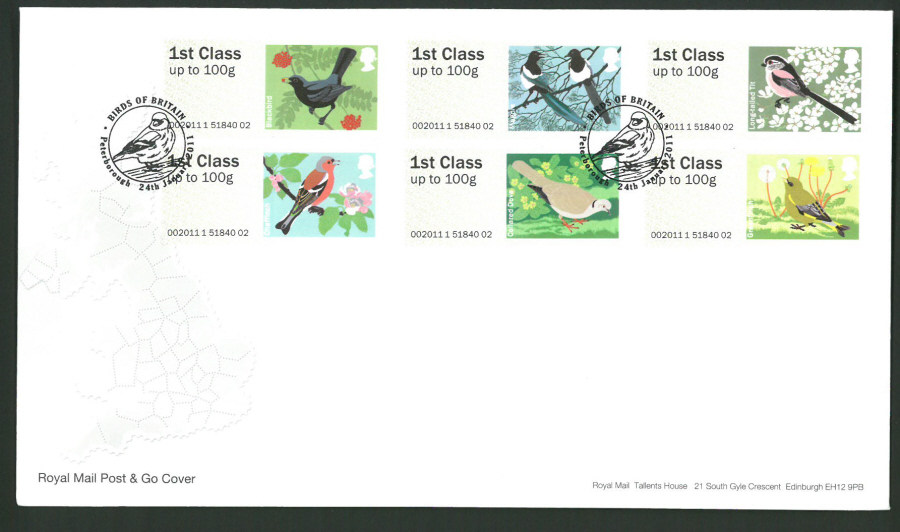 2011 Royal Mail Birds of Britain 2 Post & Go First Day Cover,Peterborough Postmark - Click Image to Close
